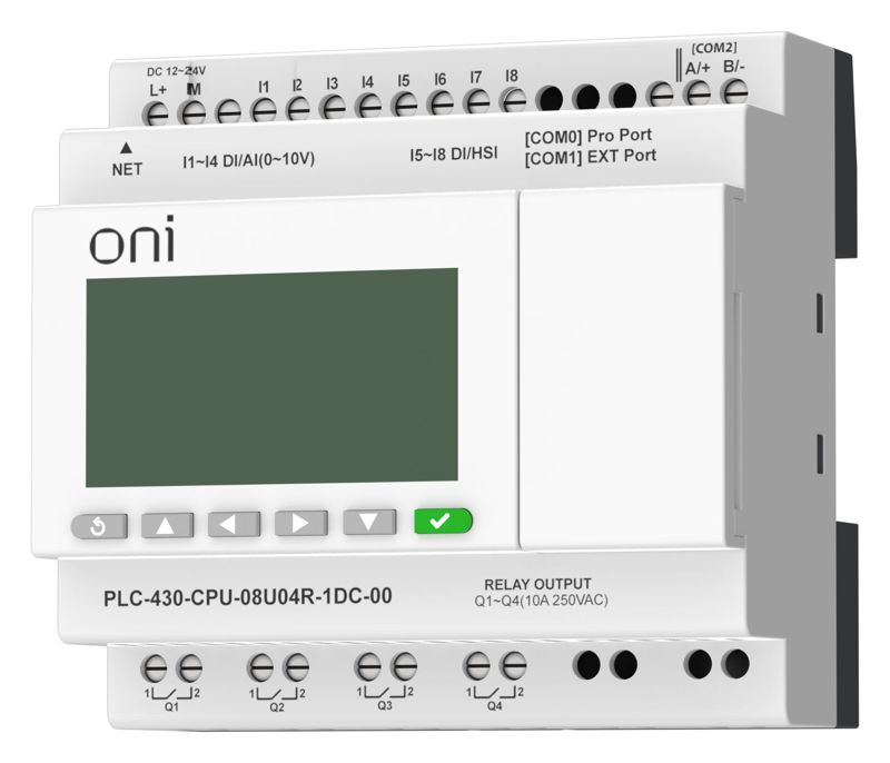  Модуль ЦПУ ПЛК 430 4 DI 4 UI (0-10В/DI) 4 RO 24В DC с Ethernet портом с экраном ONI PLC-430-CPU-08U04R-1DC-00 фото в каталоге от BTSprom.by