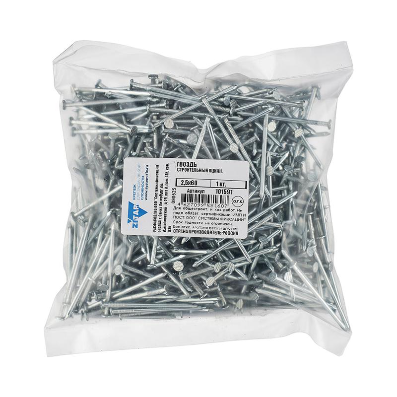 гвоздь строительный 2.5х60 оцинк. (уп.1кг) tech-krep/zitar 101591 от BTSprom.by