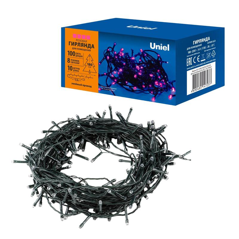 гирлянда светодиодная uld-s1000-100/dga pink ip20 10м 100 led роз. свет провод зел. uniel ul-00008406 от BTSprom.by