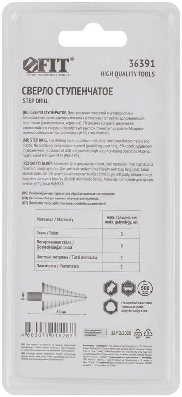  Сверло ступенчатое HSS Co5% (Р6М5К5) по металлу 9 ступеней 4-12мм FIT 36391 фото в каталоге от BTSprom.by