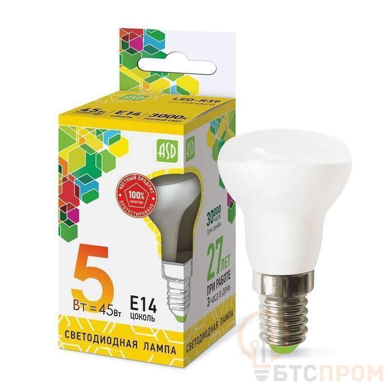 лампа светодиодная led-r39-standard 5вт 3000к тепл. бел. e14 450лм 160-260в asd 4690612006697 от BTSprom.by