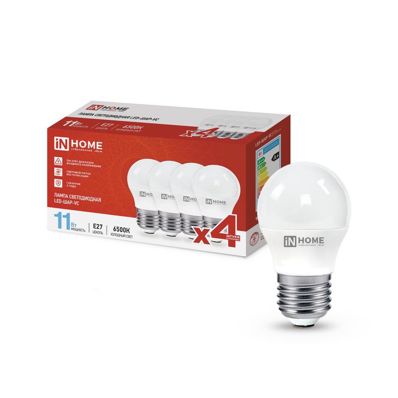 лампа светодиодная led-шар-vc 4pack 11вт 230в e27 6500к 1050лм (уп.4шт) in home 4690612047898 от BTSprom.by