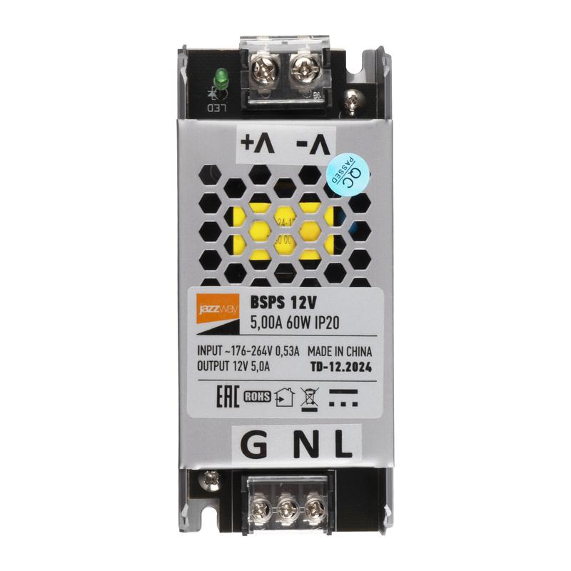 блок питания для светодиодной ленты 60вт 5а 12в ip20 bsps метал. jazzway 5024328 от BTSprom.by