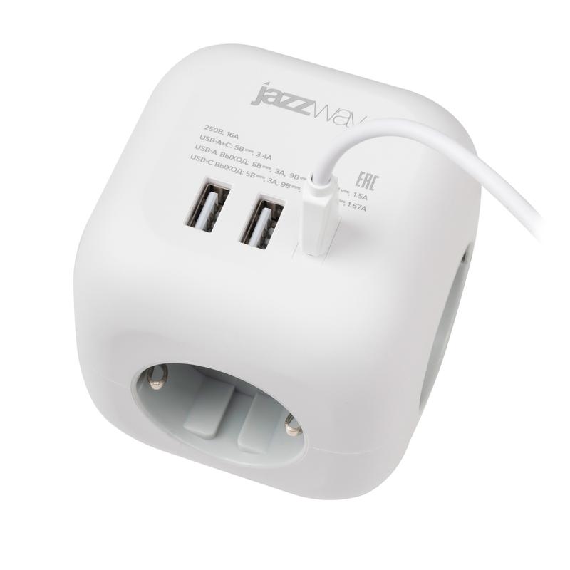  Разветвитель 3-м с заземл. AC-3UGS-wh 2хUSB type-A + 1хtype-C с выключателем бел. JazzWay 5060630 фото в каталоге от BTSprom.by