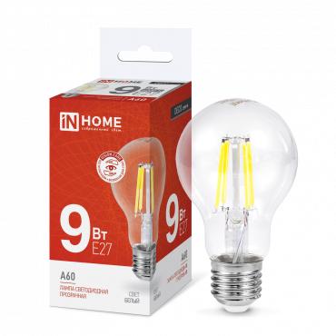 лампа светодиодная led-a60-deco 9вт грушевидная прозрачная 4000к нейтр. бел. e27 1040лм 230в in home 4690612008073 от BTSprom.by
