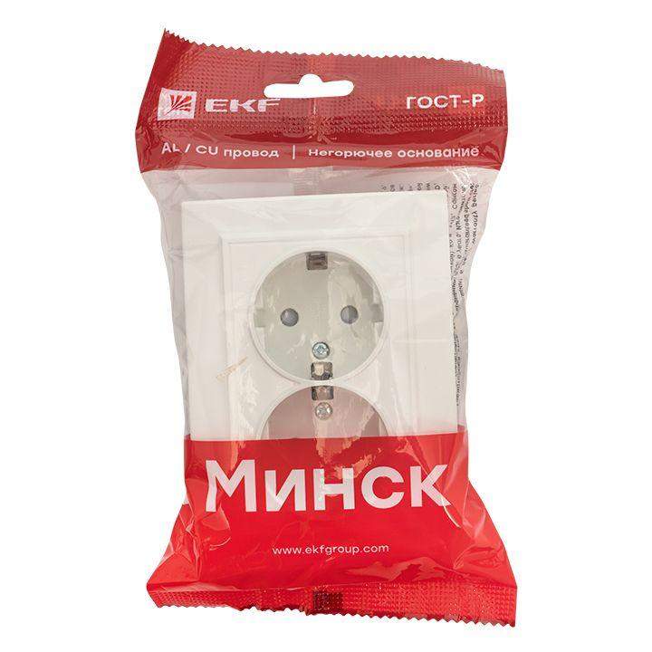  Розетка 2-м СП Минск 16А IP20 с заземл. защ. шторки бел. Basic EKF ERR16-128-100 фото в каталоге от BTSprom.by