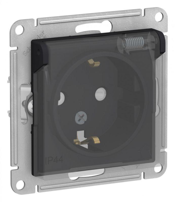  Розетка 1-м СП AtlasDesign Aqua 16А IP44 с заземл. защ. шторки с прозр. крышкой механизм карбон SE ATN441046 фото в каталоге от BTSprom.by