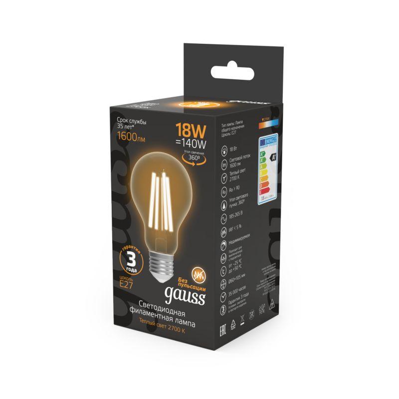 Лампа светодиодная филаментная Black Filament 18Вт A60 грушевидная 2700К тепл. бел. E27 1600лм GAUSS 102902118 фото в каталоге от BTSprom.by