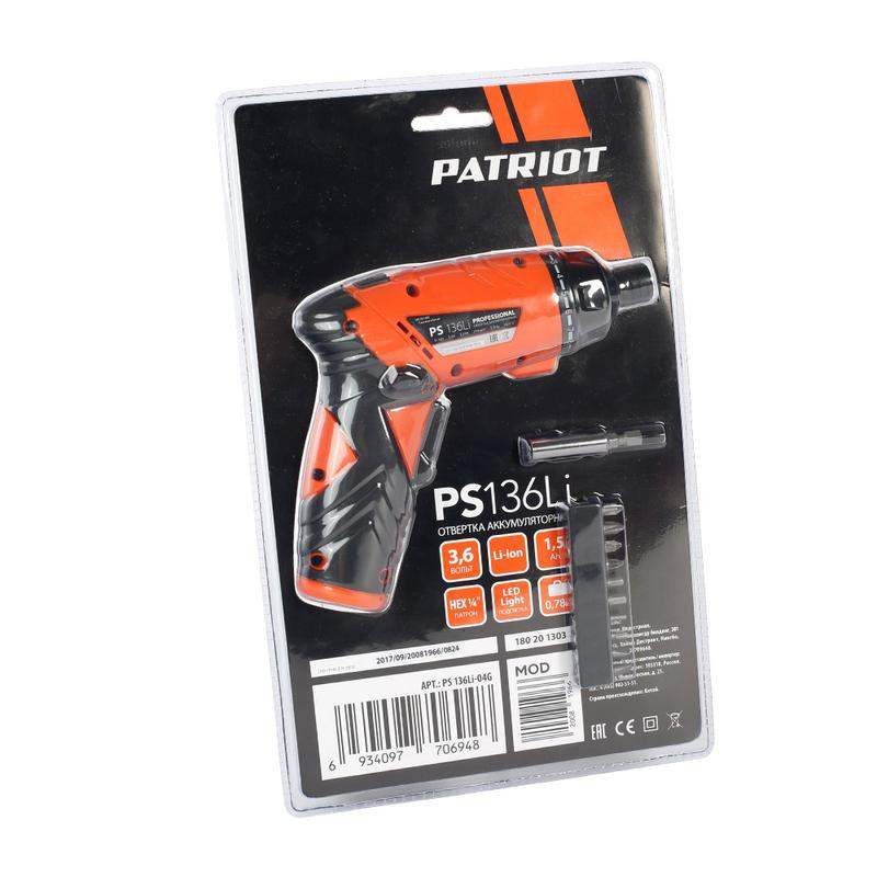  Отвертка аккумуляторная PS 136 3.6Вт блистер комплект бит PATRIOT 180201303 фото в каталоге от BTSprom.by