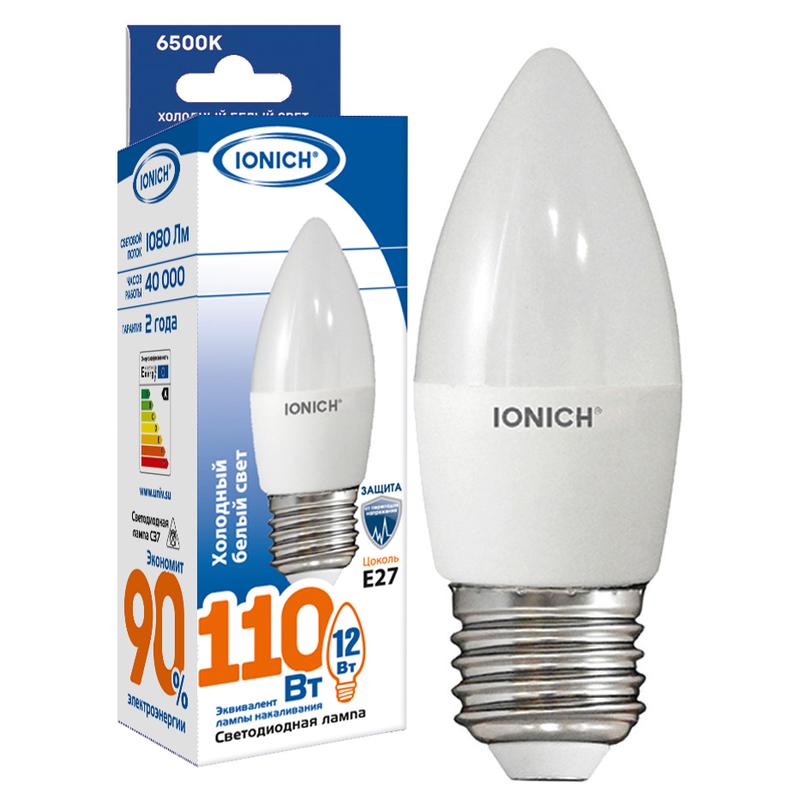 лампа светодиодная c37 12вт свеча 6500к e27 230в ionich 1909 от BTSprom.by