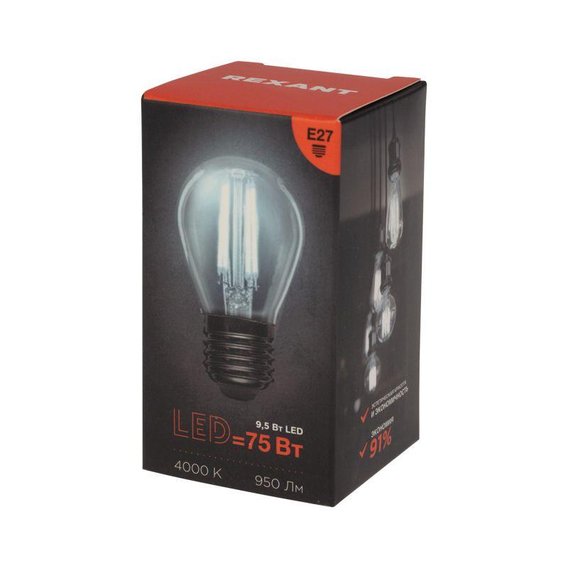 Лампа светодиодная филаментная 9.5Вт GL45 шар прозрачная 4000К нейтр. бел. E27 950лм Rexant 604-132 фото в каталоге от BTSprom.by