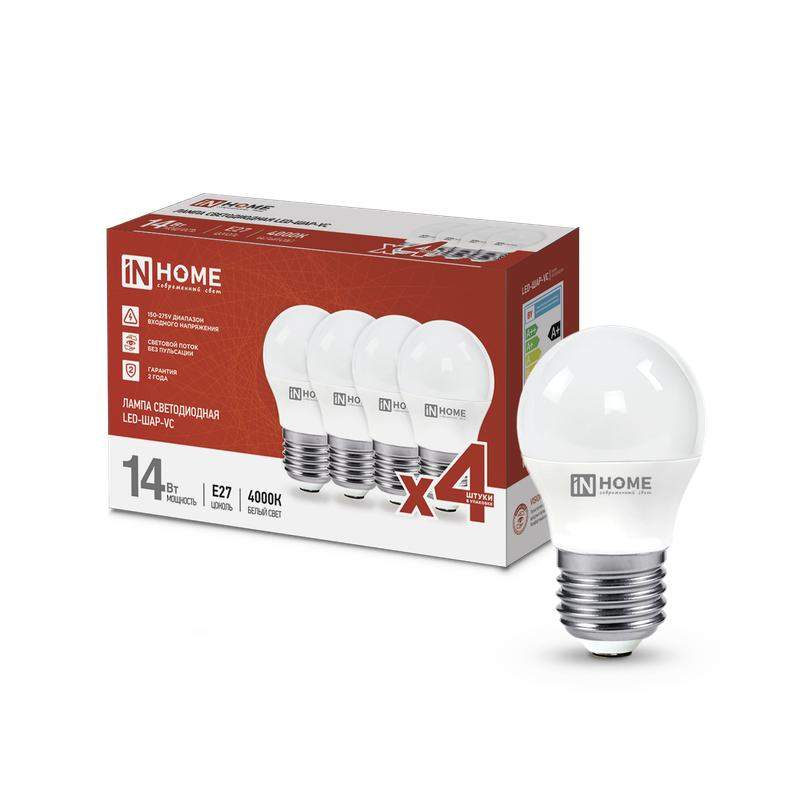 лампа светодиодная led-шар-vc 4pack 14вт шар 4000к нейтр. бел. e27 1330лм 230в (уп.4шт) in home 4690612052366 от BTSprom.by