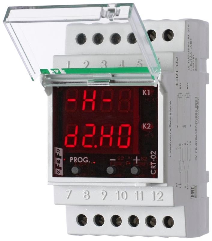 регулятор температуры crt-02 2-канал.; диапазон температур от -50 до +140град.c; многофункц.; цифровая индикация; выносн. датчики с термоустойч. проводом; 3 модуля; монтаж на din-рейке; 100-264в ac/dc 2х16а 2no/nc ip20 f&f ea07.001.015 от BTSprom.by