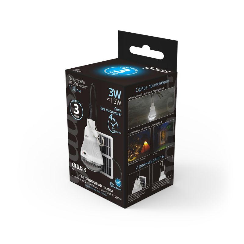 Лампа светодиодная Black 3Вт A60 грушевидная 4000К нейтр. бел. E27 130лм с солнеч. панелью GAUSS 902102203 фото в каталоге от BTSprom.by