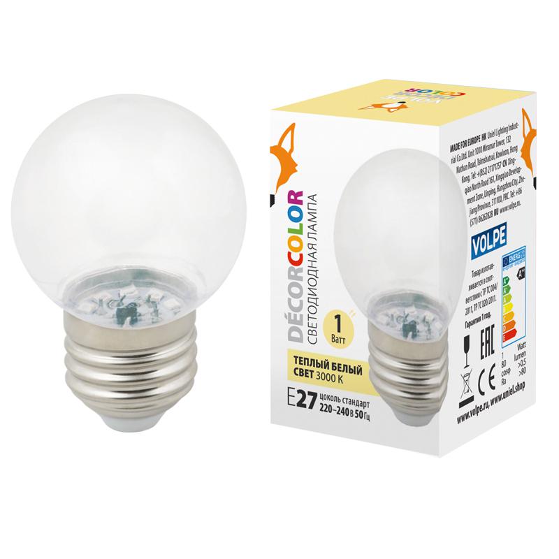 лампа светодиодная декоративная led-g45-1w/3000k/e27/cl/с "шар" прозр. теплый бел. свет (3000к) картон volpe ul-00005807 от BTSprom.by