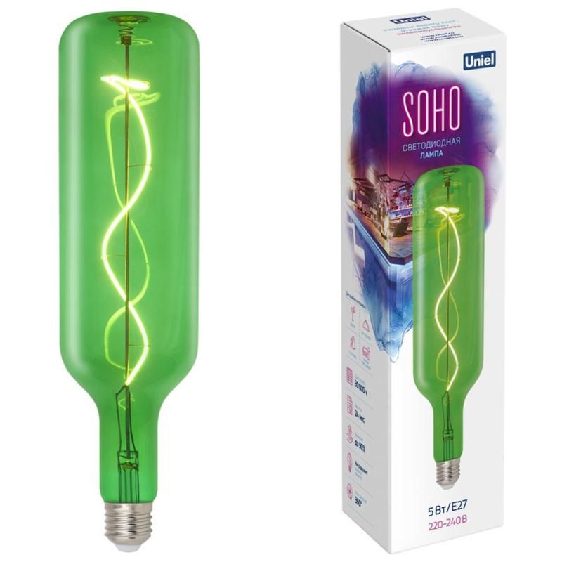 лампа светодиодная led-sf21-5w/soho/e27/cw green gls77gr soho зел. колба спиральный филамент картон uniel ul-00007627 от BTSprom.by