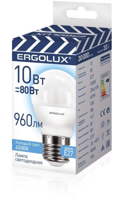 лампа светодиодная led-g45-10w-e27-4k 10вт шар 4500к бел. e27 180-240в промо ergolux 14546 от BTSprom.by