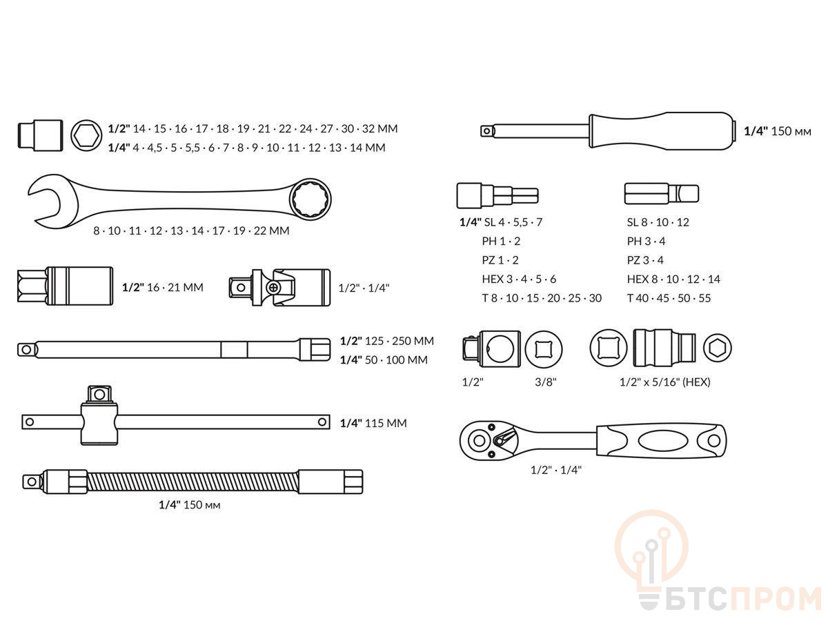  Набор головок и ключей 82пр. ТРЕК (1/4", 1/2", 6 граней) фото в каталоге от BTSprom.by