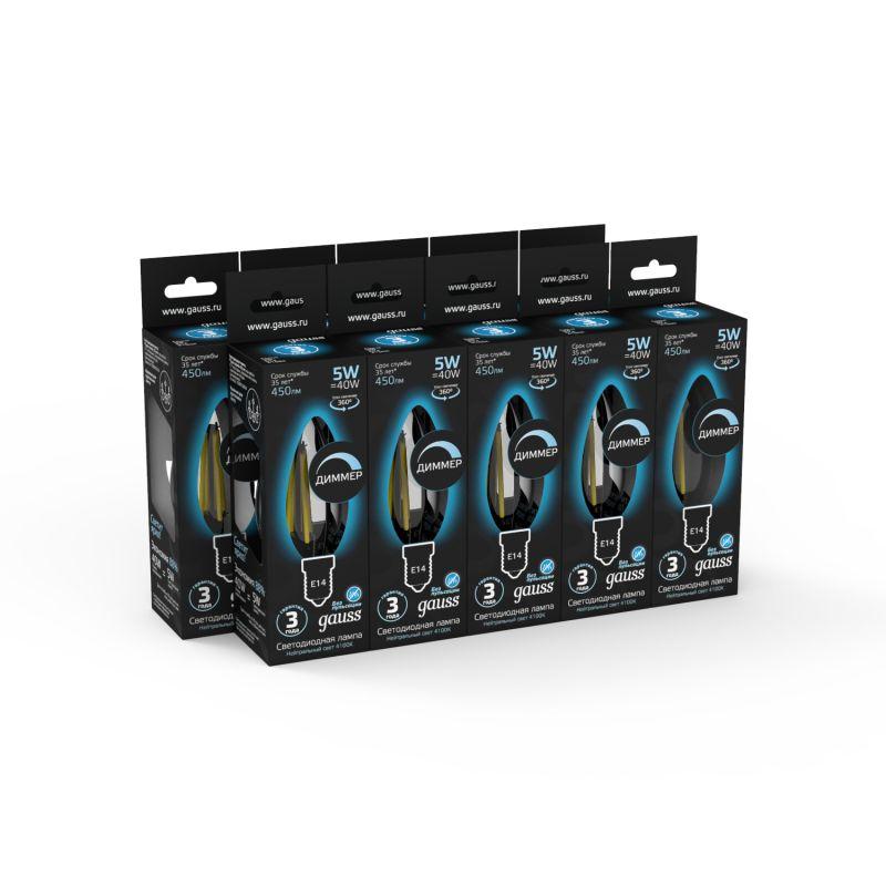 Лампа светодиодная филаментная Black Filament 5Вт свеча 4100К нейтр. бел. E14 450лм диммир. GAUSS 103801205-D фото в каталоге от BTSprom.by