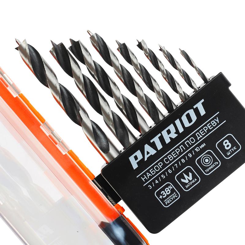  Набор сверл по дереву спиральные W-образ. заточка 8шт: 3; 4; 5; 6; 7; 8; 9 10мм в пластиковом боксе PATRIOT 815010103 фото в каталоге от BTSprom.by