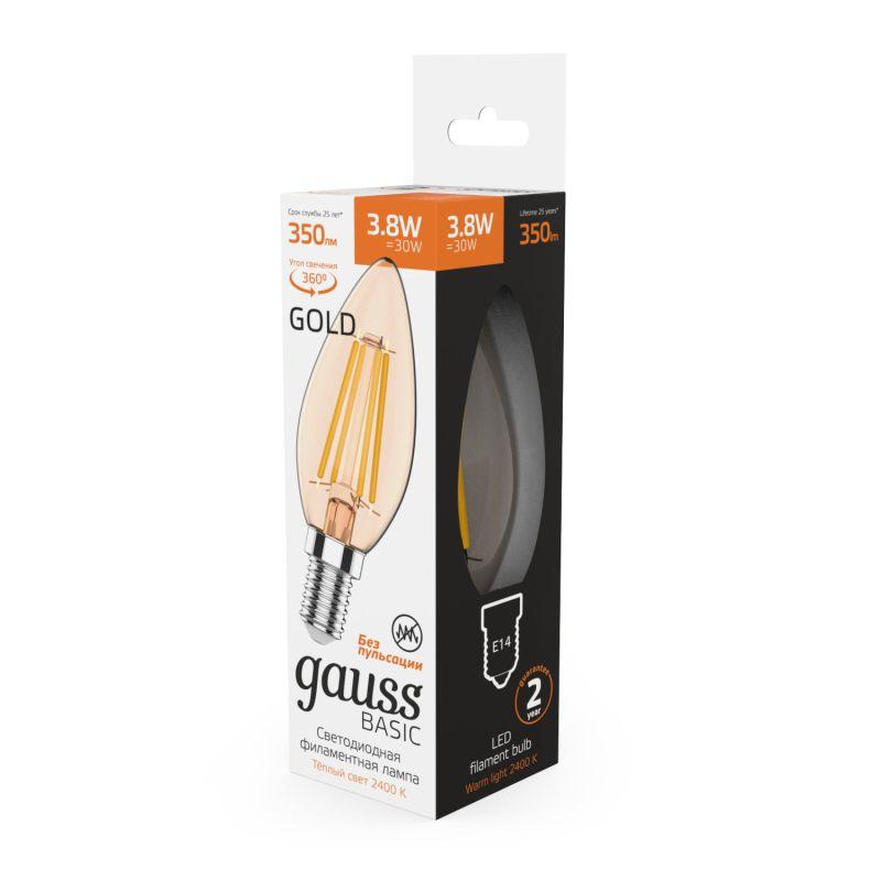 Лампа светодиодная филаментная Basic Filament 3.8Вт Свеча 2400К Е14 350лм golden GAUSS 1037154 фото в каталоге от BTSprom.by