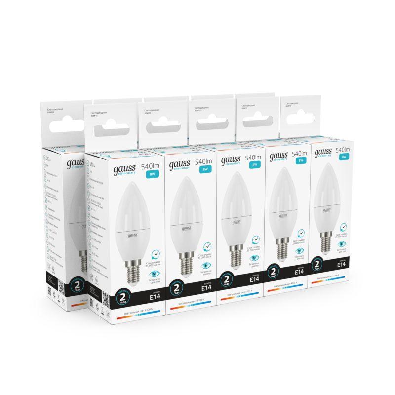 Лампа светодиодная Elementary 8Вт свеча 4100К нейтр. бел. E14 540лм GAUSS 33128 фото в каталоге от BTSprom.by