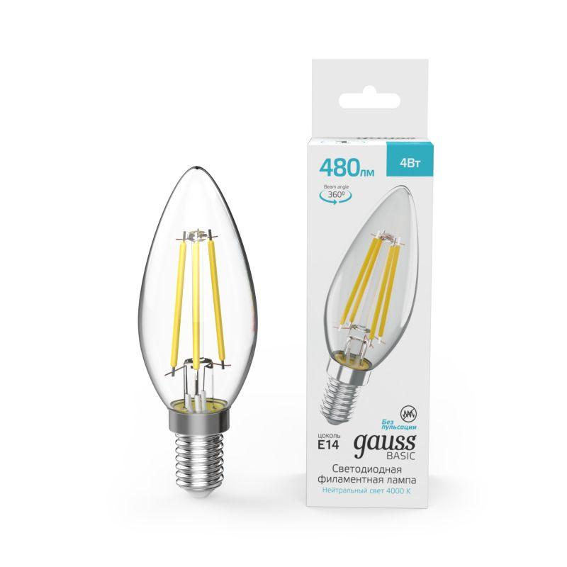 лампа светодиодная филаментная basic filament 4вт свеча 4000к e14 480лм gauss 50312242 от BTSprom.by
