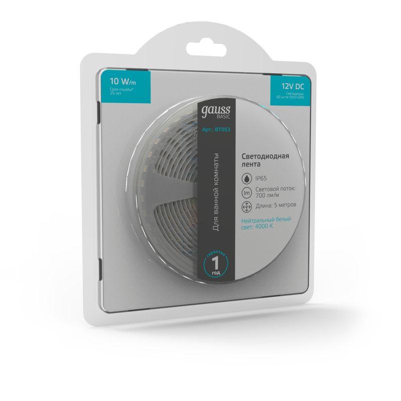  Лента светодиодная Basic 5050/60-SMD 10Вт/м 4000К нейтр. бел. IP65 700лм/м 12В 10мм (уп.5м) GAUSS BT053 фото в каталоге от BTSprom.by