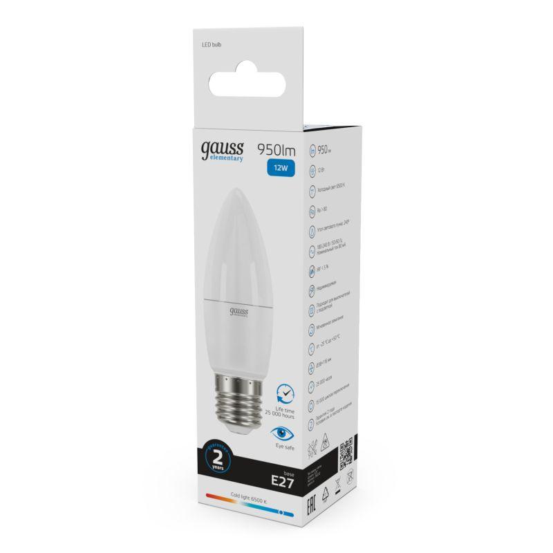 Лампа светодиодная Elementary 12Вт свеча 6500К холод. бел. E27 950лм GAUSS 30232 фото в каталоге от BTSprom.by
