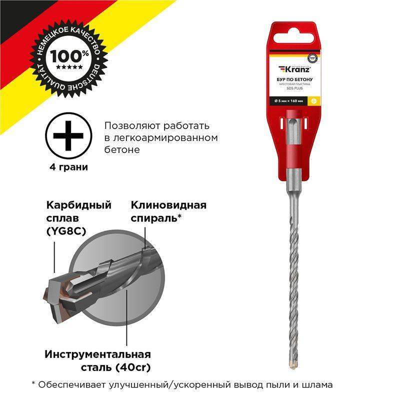 бур по бетону 5х160мм крестовая пластина sds plus kranz kr-91-0820 от BTSprom.by