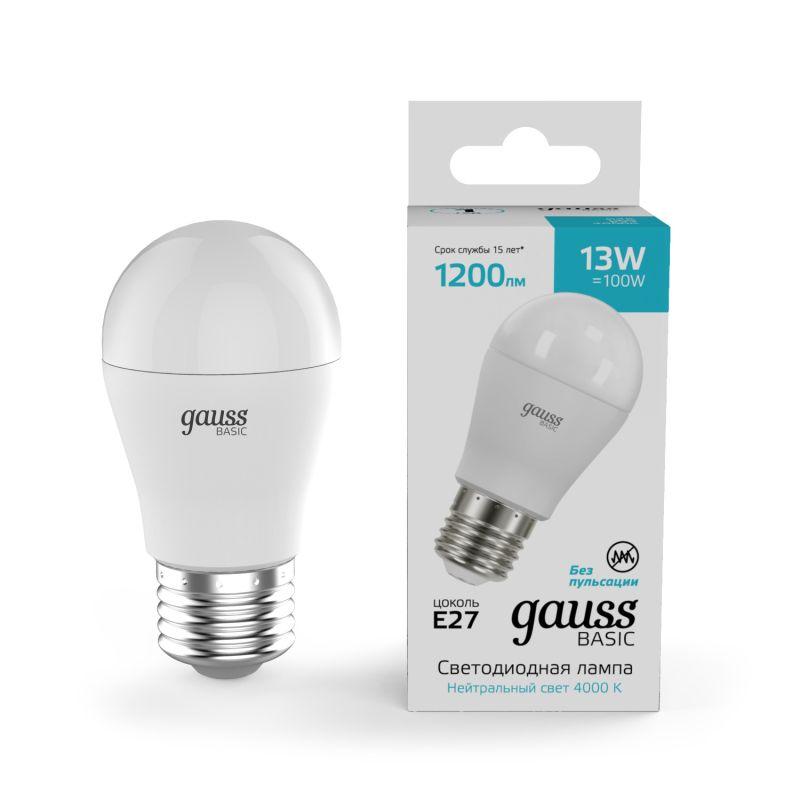 лампа светодиодная basic 13вт p45 шар 4000к нейтр. бел. e27 1200лм gauss 10502232 от BTSprom.by