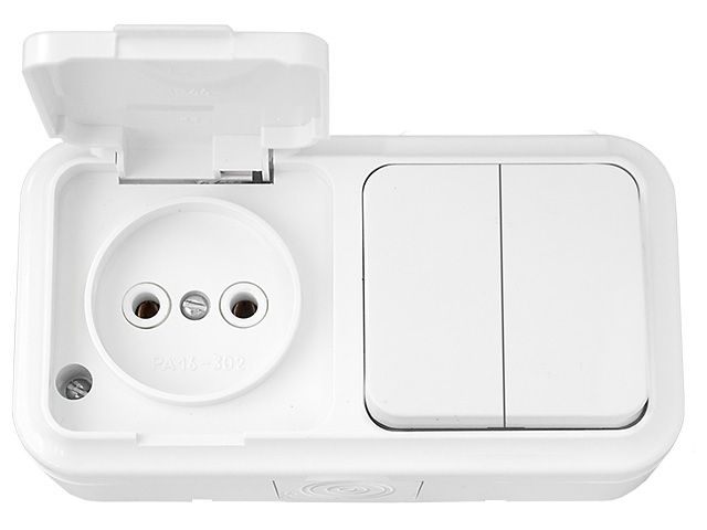 блок выкл. 2 клав. + розетка (открытая, б/з, брызг. защ.) белая, пралеска аква, bylectrica (ip54 пылебрызгозащищенные) 2в-рц-655 от BTSprom.by