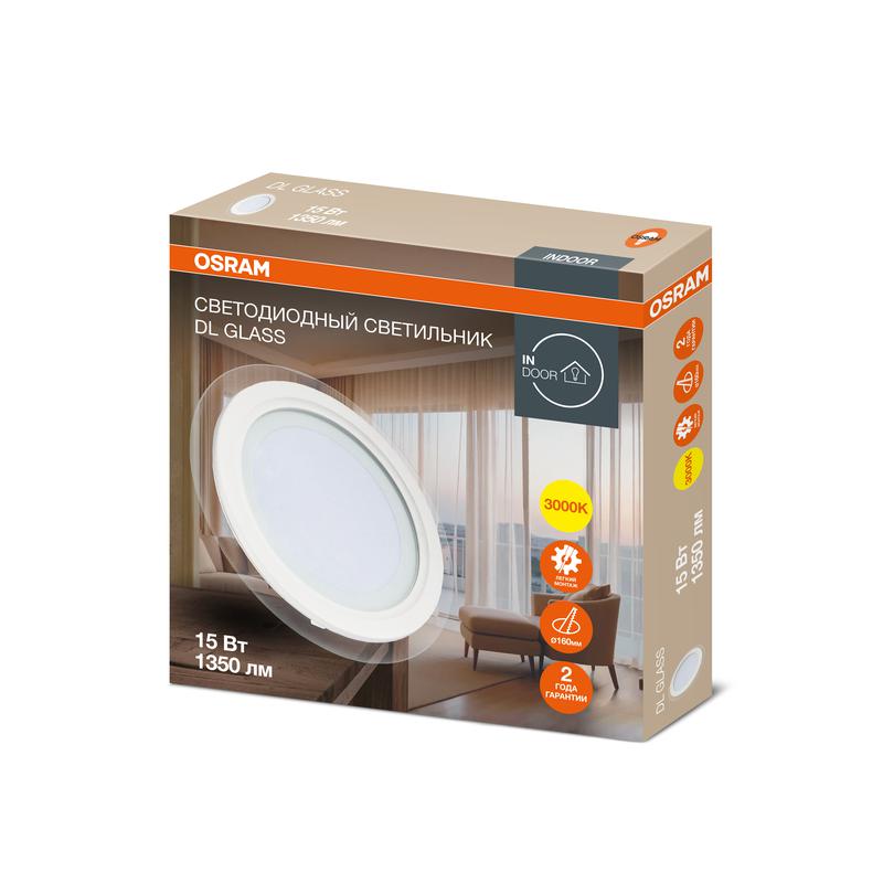 светильник светодиодный downlight dl glass 830 wt 15вт 3000к ip20 1350лм дво даунлайт кругл. встраив. с декор. стеклом бел. osram 4607194230747 от BTSprom.by