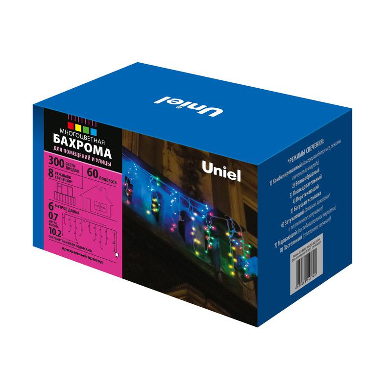 гирлянда светодиодная "бахрома" uld-b6007-300/dta multi ip44 6м 300led мультиколор провод прозр. uniel ul-00008556 от BTSprom.by