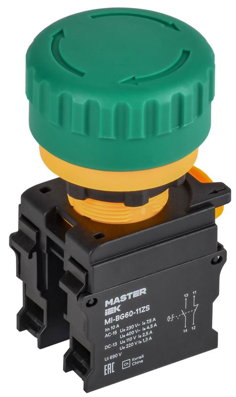 кнопка "грибок" 1но+1нз master поворотн. с фиксацией зел. iek mi-bg60-11zs-3-23-k06 от BTSprom.by