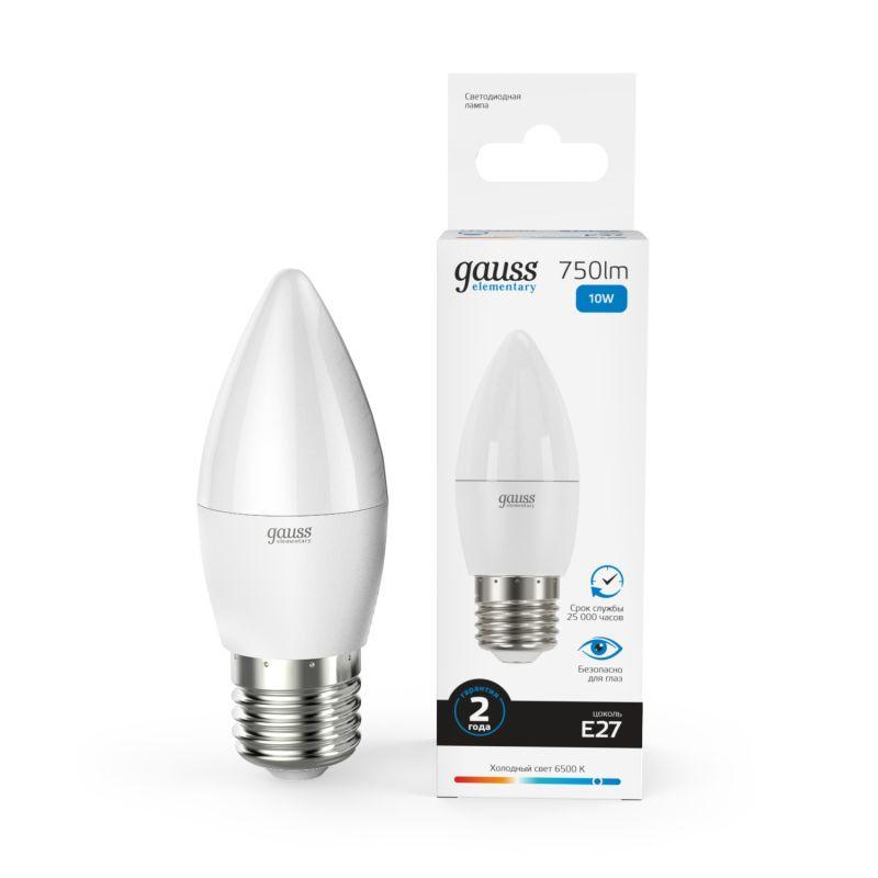 лампа светодиодная elementary 10вт свеча 6500к холод. бел. e27 750лм gauss 30230 от BTSprom.by