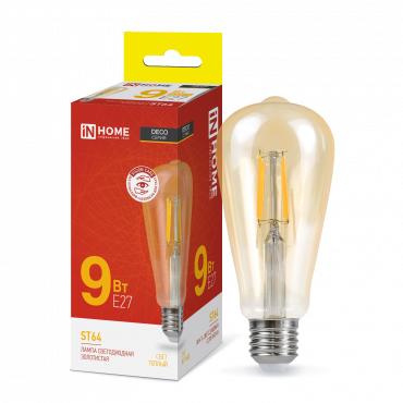 лампа светодиодная led-st64-deco gold 9вт цилиндр золотая 3000к тепл. бел. e27 1040лм 230в in home 4690612035659 от BTSprom.by