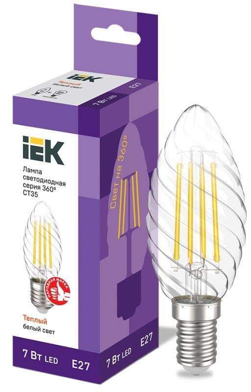лампа светодиодная филаментная 360° 7вт ct35 свеча витая 3000к e27 230в iek llf-ct35-7-230-30-e27-cl от BTSprom.by