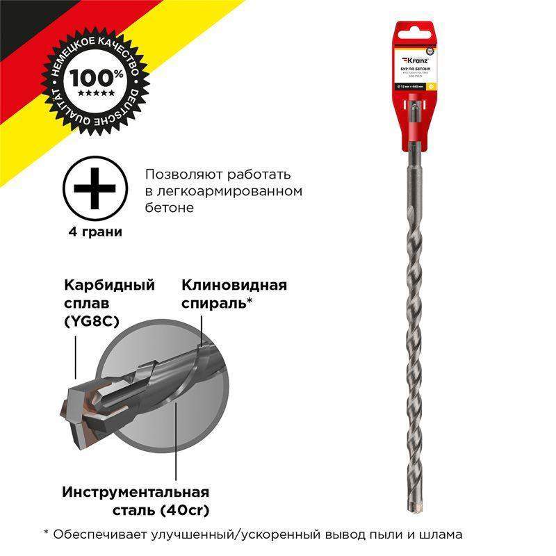 бур по бетону 12х460мм sds plus крестовая пластина kranz kr-91-0103 от BTSprom.by