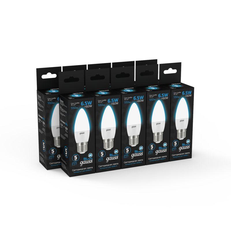 Лампа светодиодная Black 6.5Вт свеча 6500К холод. бел. E27 550лм GAUSS 103102307 фото в каталоге от BTSprom.by