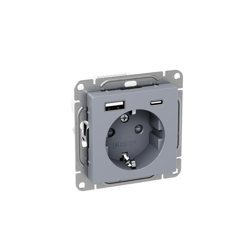 розетка сп эпика 16а с 2 usb-a+с с заземл. защ. шторки механизм алюм. ekf up1-soa-111-usba+usbc от BTSprom.by