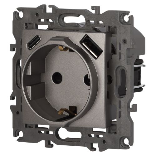  Розетка Elegance 14-4108-16 16A 250В 2P+E защ. шторки с USB type-A+C 3А 5В титан Эра Б0067695 фото в каталоге от BTSprom.by