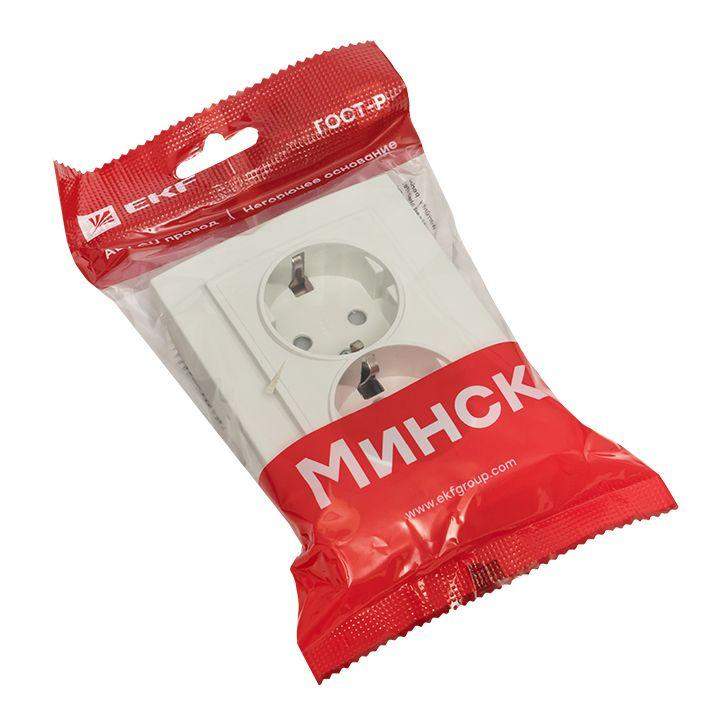  Розетка 2-м СП Минск 16А IP20 с заземл. защ. шторки бел. Basic EKF ERR16-128-100 фото в каталоге от BTSprom.by