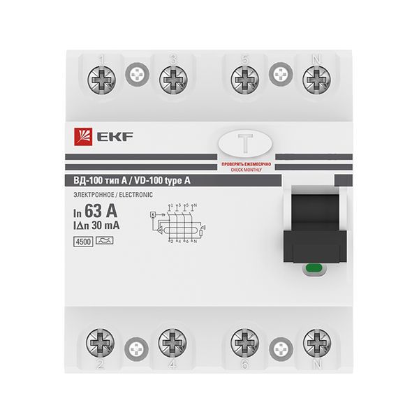  Выключатель дифференциального тока (УЗО) 4п 63А 30мА тип A ВД-100 электрон.PROxima EKF elcb-4-63-30-e-a-pro фото в каталоге от BTSprom.by