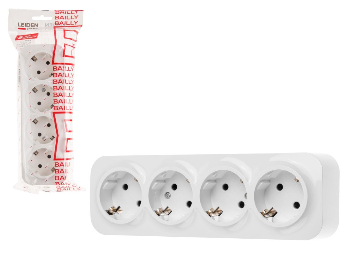 розетка 4-ая (открытая, с/з) белая, bailly, leiden electric 806009 от BTSprom.by