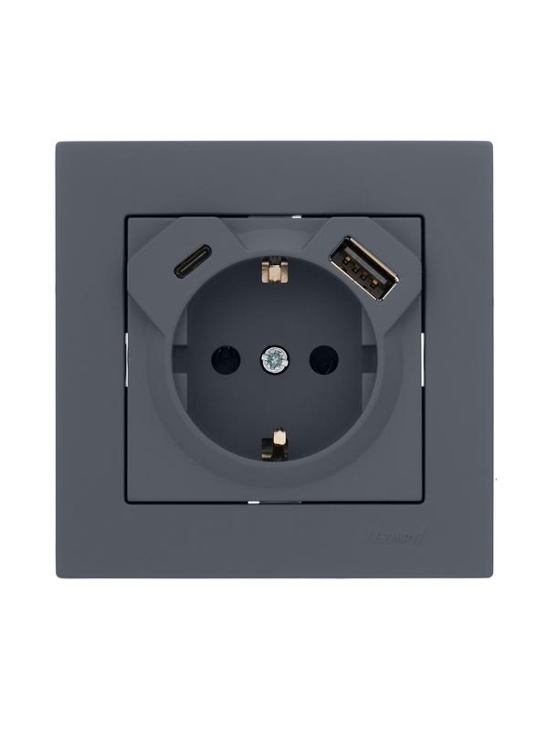  Розетка Vesna с заземл. TC+USB разъем графит LEZARD 742-3488-181TC фото в каталоге от BTSprom.by