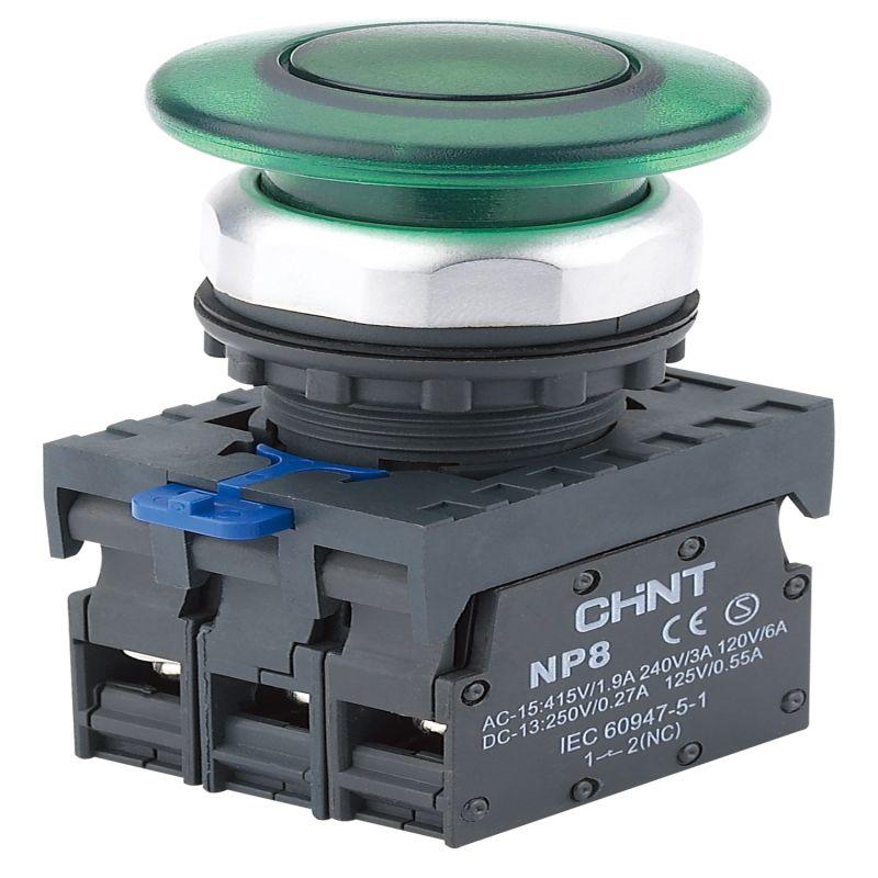 кнопка управления "грибок" d40мм np8-10md/13 1но ip65 ac110-230в с самовозвратом с подсветкой зел. (r) chint 667595 от BTSprom.by