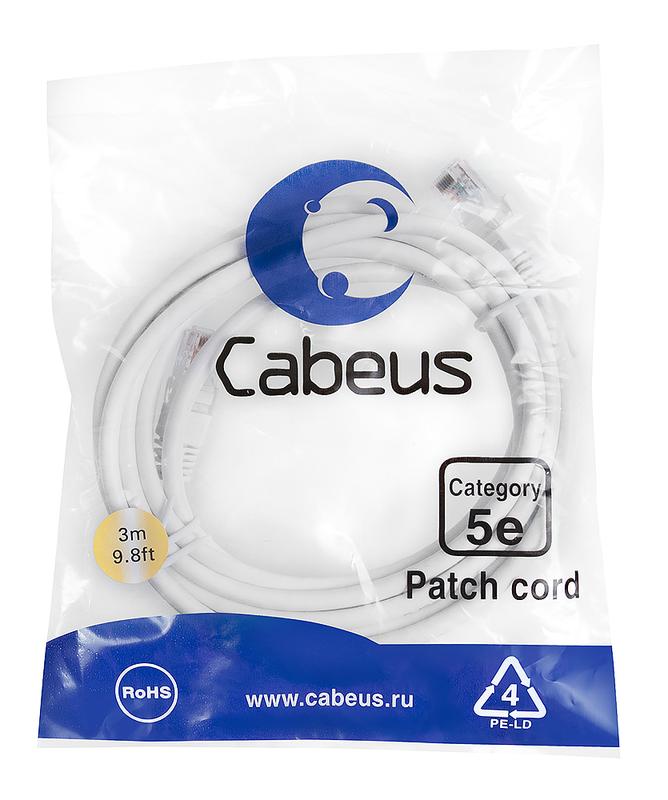 патч-корд u/utp кат.5e pc-utp-rj45-cat.5e-3m-wh 2xrj45/8p8c неэкранир. pvc 3м бел. cabeus 7682c от BTSprom.by