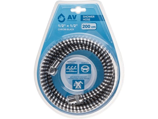 шланг душевой, pvc, 1/2" г-г 200 см, хром-черн., av engineering (гайка латунь (anti-twist), 10 бар) avsss-109 от BTSprom.by