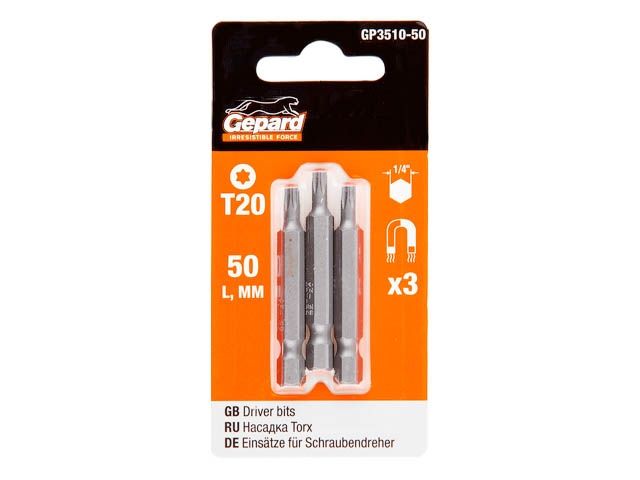 насадка torx t20 50мм  3шт gepard (gp3510-50) (бита звездочка шестилучевая звезда сталь s2  магнитная) gp3510-50 от BTSprom.by